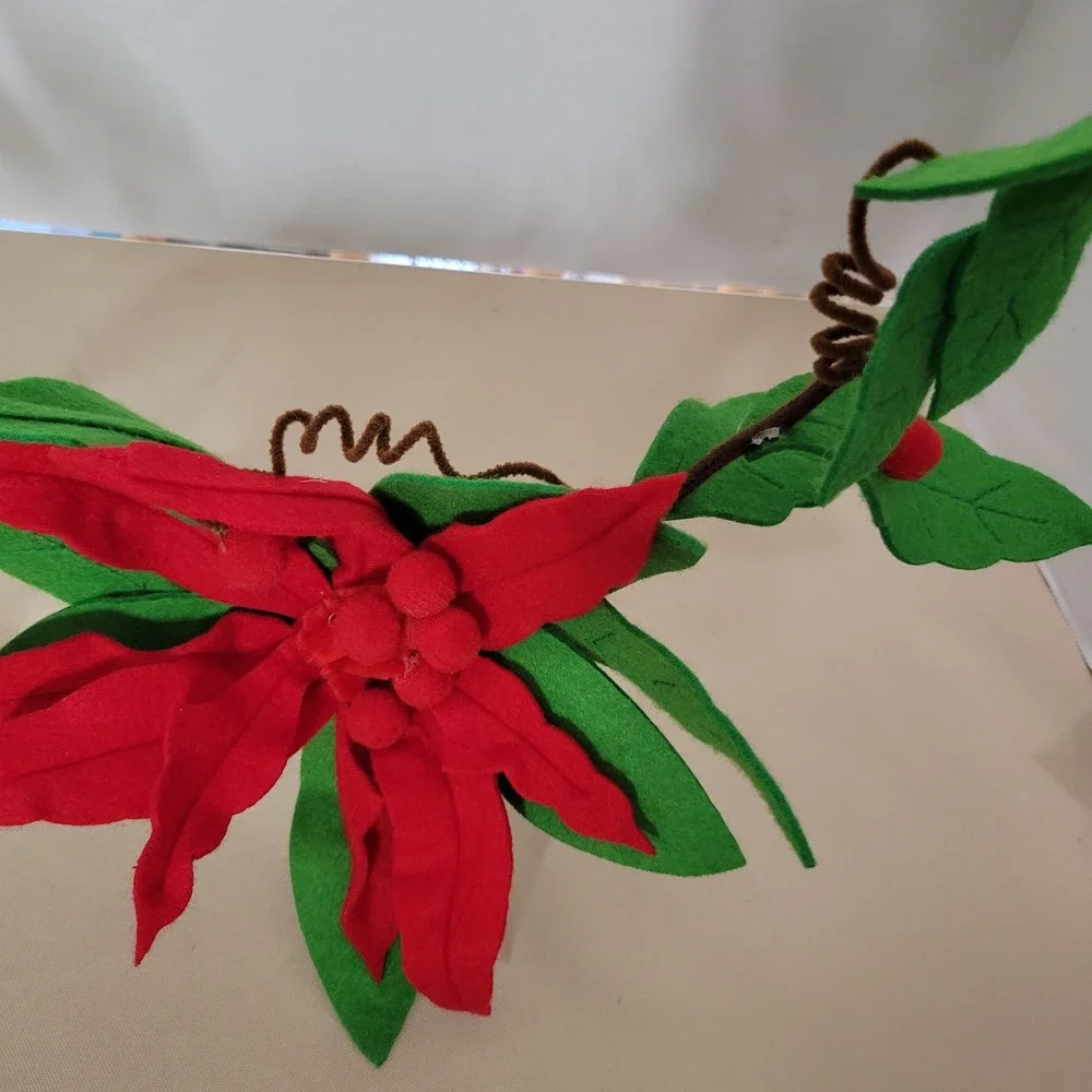 Red Felt Poinsettia Christmas Garland Holiday Mantel Decor Floral Vine 6ft